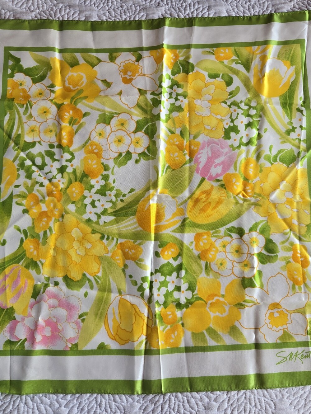 Collectible Vintage Avon Floral Yellow & Green Square Scarf By SM Kent